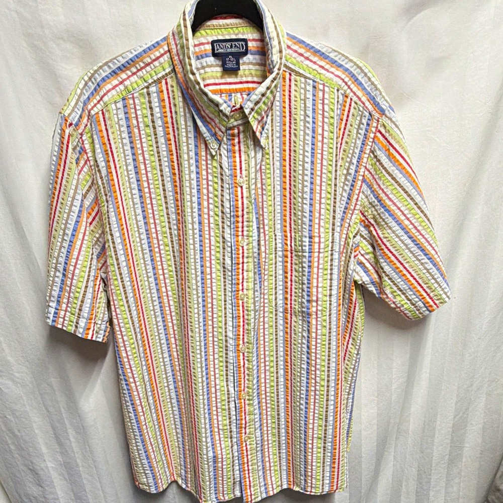 Vintage Lands' End Men XL Short Sleeve Seersucker Striped Button-Down Pockets